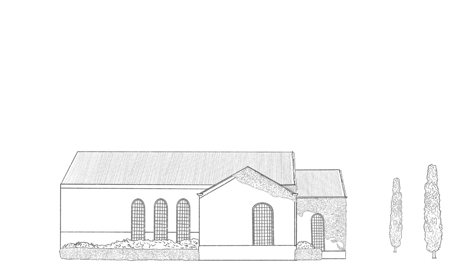 Line drawing of the chapel at Stones of the Yarra Valley, with arched windows and two cypress trees